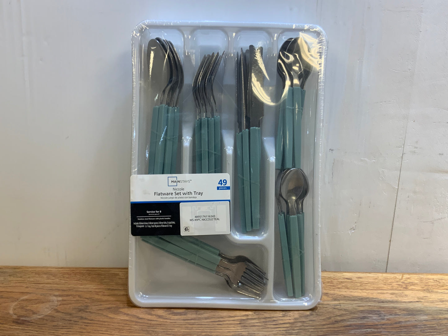 Mainstays 49 Piece Stainless Steel and Plastic Flatware Set with Tray, Blue Cove, Service for 8