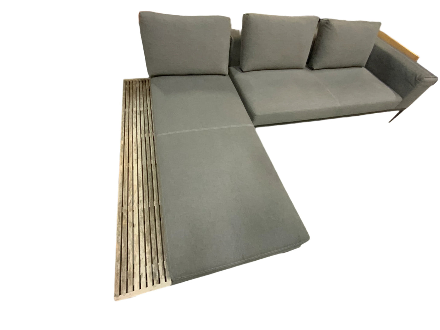 Herman Miller Mid Century Style Grey Upholstered Sectional Sofa Wood Bench