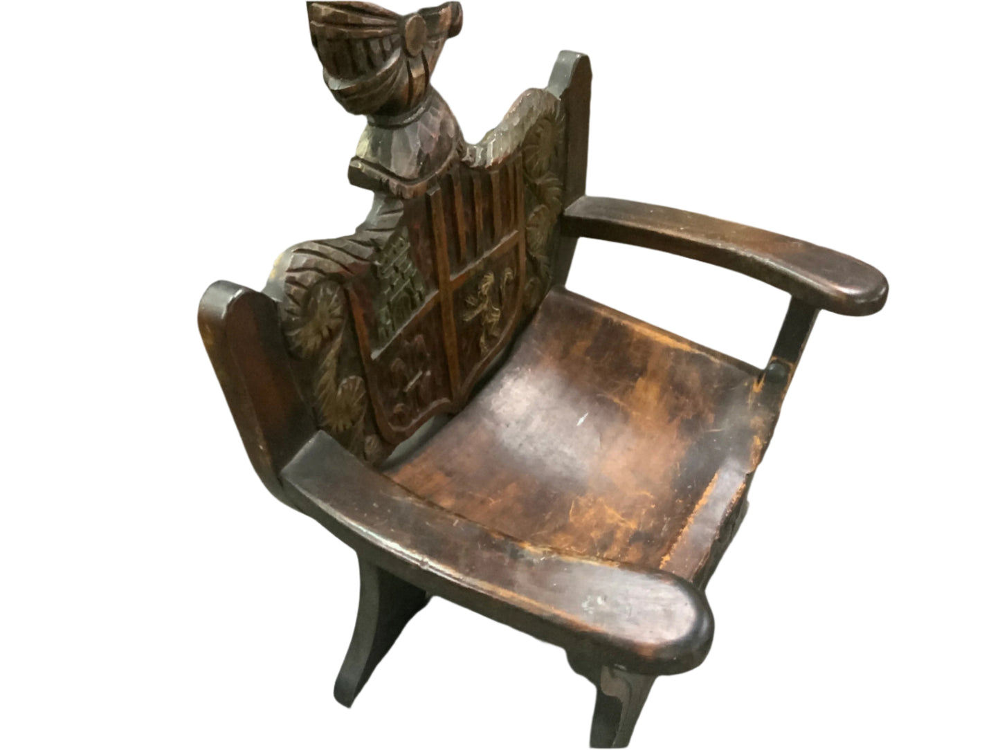 Vintage Medieval Style Wood Carved Leather Seat Accent Chair