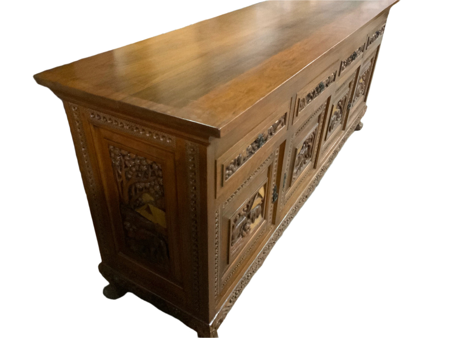 Antique Wood Elephant Village Scene Carved Four Door Four Drawer Credenza