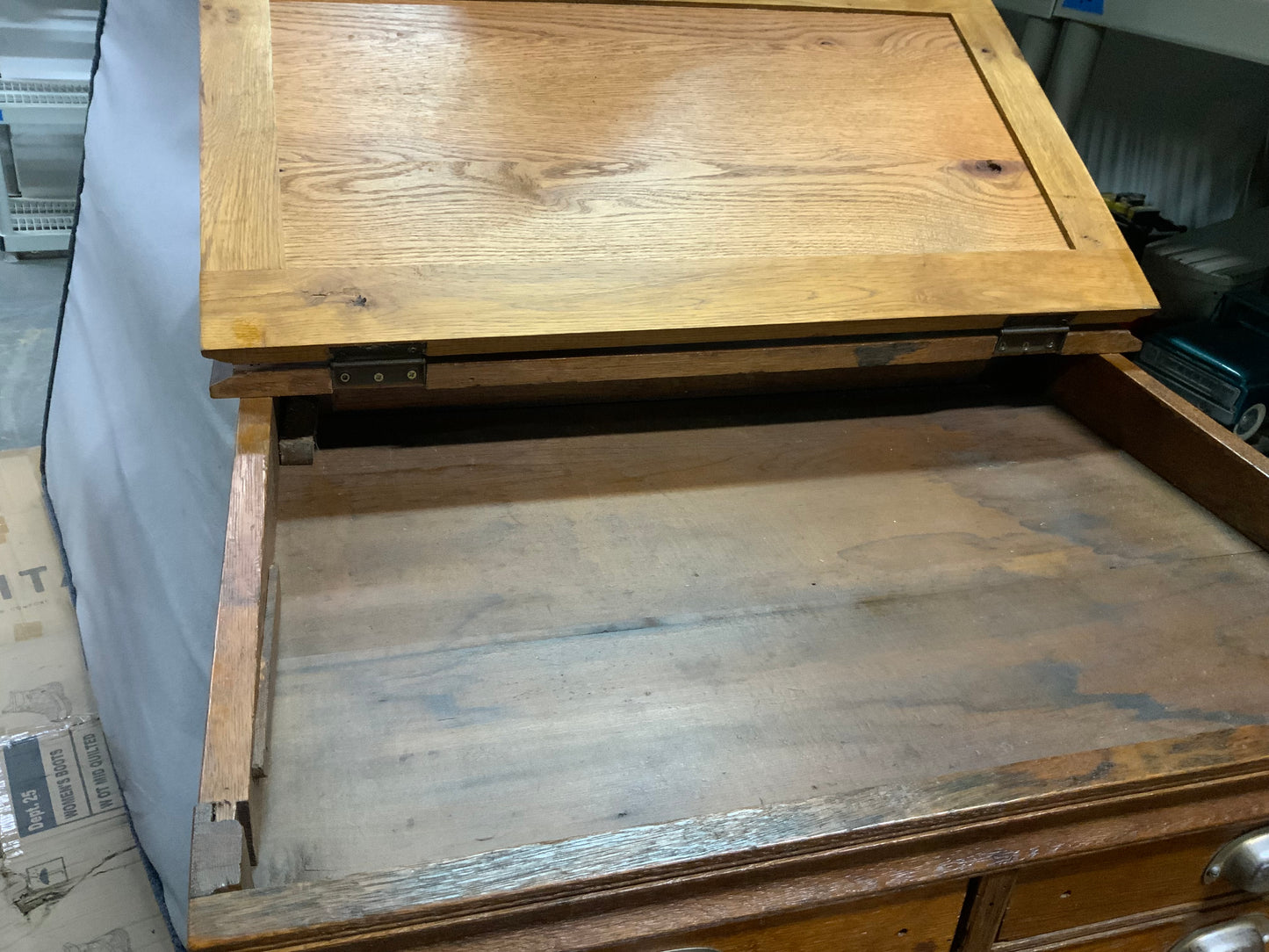 Antique Oak Flip Lid Merrick’s Country Store Counter Top Cotton Spool Cabinet