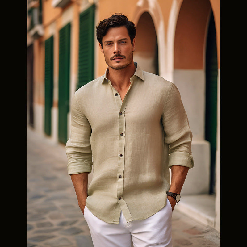 NEW Pure Color Men's Medieval Retro Cotton And Linen Lapel Shirt