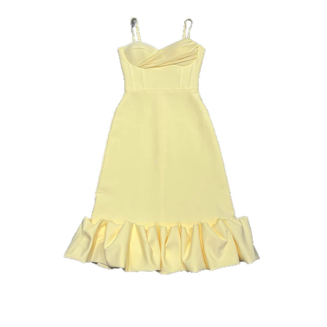 NEW Retro Hepburn Style British Court Tight Waist Yellow Fishtail Skirt