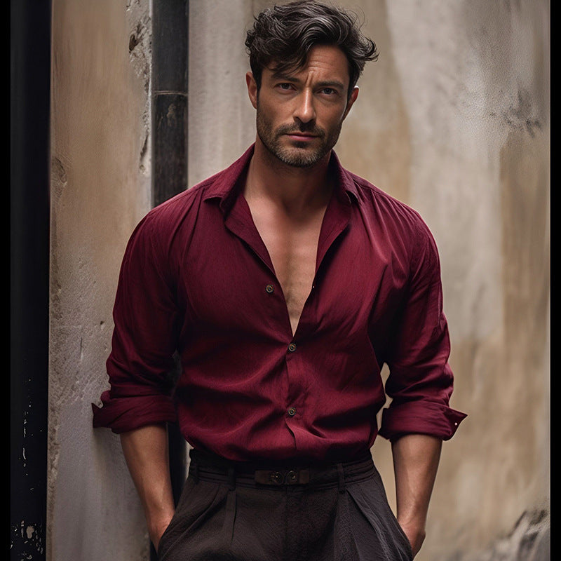 NEW Pure Color Men's Medieval Retro Cotton And Linen Lapel Shirt