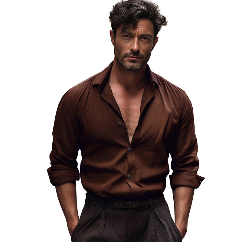 NEW Pure Color Men's Medieval Retro Cotton And Linen Lapel Shirt