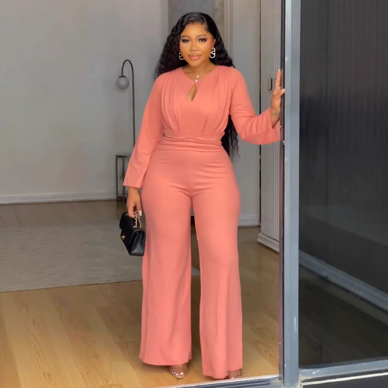 NEW Elegant Stretch Slim Hollow-out Cinched Wide Leg Jumpsuit