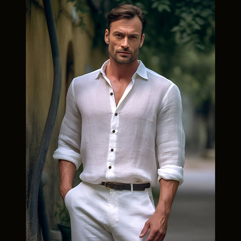 NEW Pure Color Men's Medieval Retro Cotton And Linen Lapel Shirt