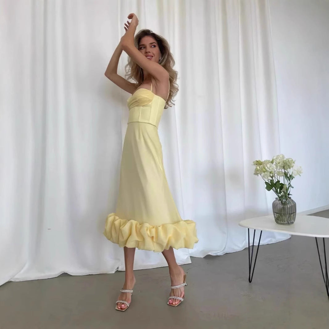 NEW Retro Hepburn Style British Court Tight Waist Yellow Fishtail Skirt