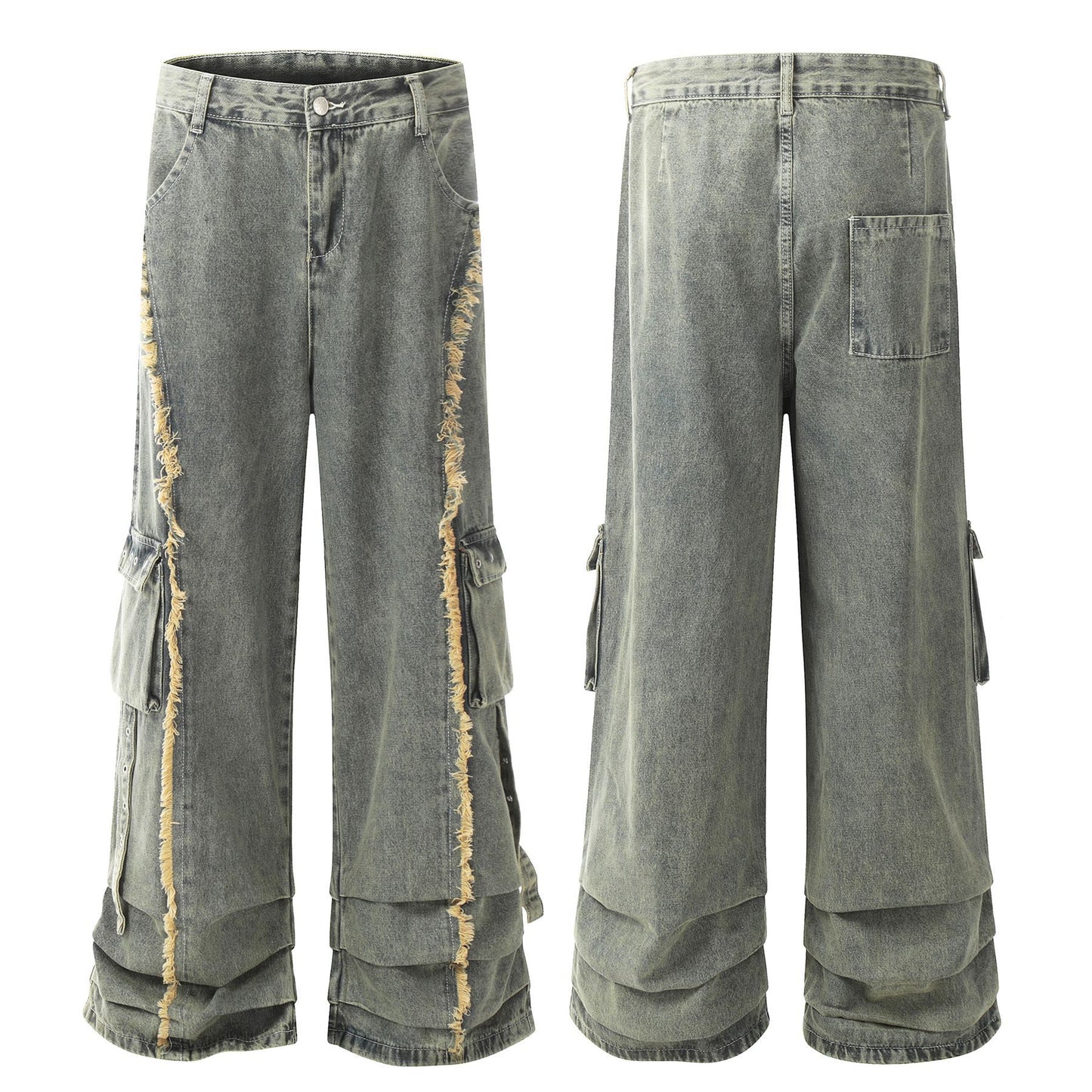 NEW Retro Design Worn Looking Washed-out Burr Cargo Jeans Men