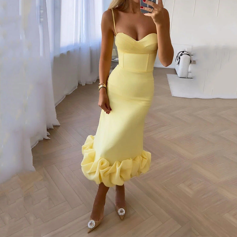 NEW Retro Hepburn Style British Court Tight Waist Yellow Fishtail Skirt