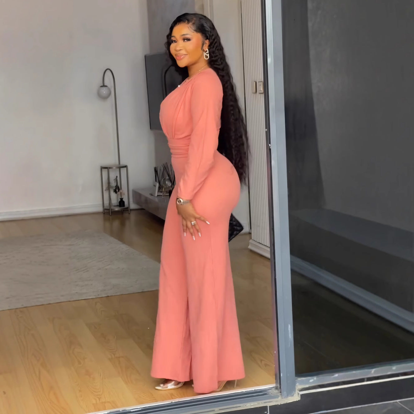 NEW Elegant Stretch Slim Hollow-out Cinched Wide Leg Jumpsuit