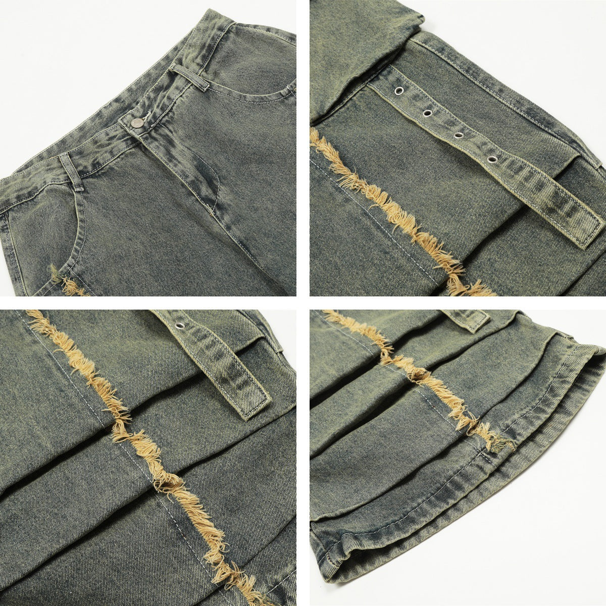 NEW Retro Design Worn Looking Washed-out Burr Cargo Jeans Men