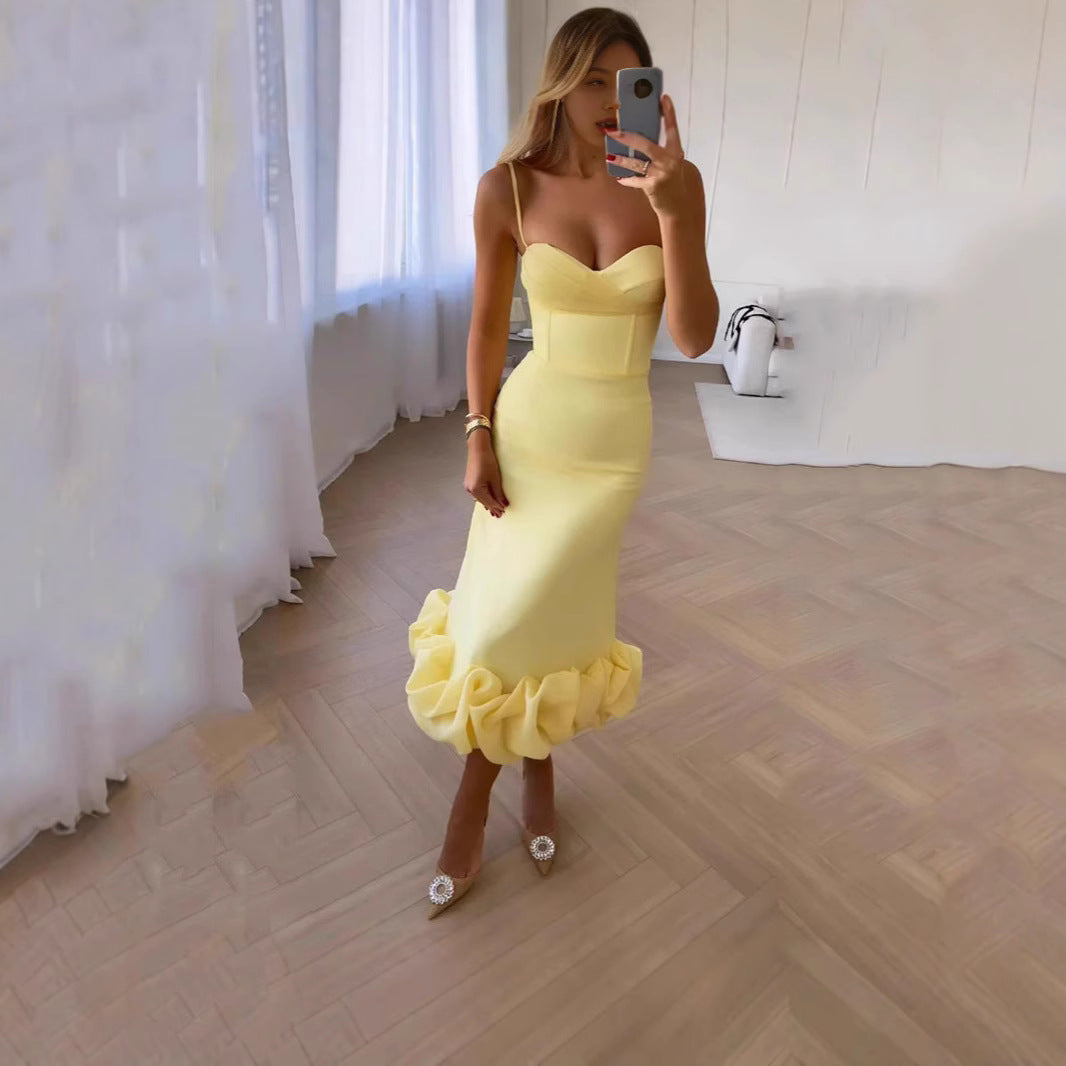 NEW Retro Hepburn Style British Court Tight Waist Yellow Fishtail Skirt