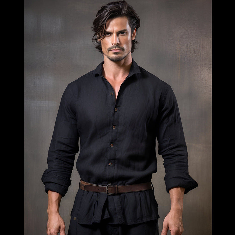 NEW Pure Color Men's Medieval Retro Cotton And Linen Lapel Shirt