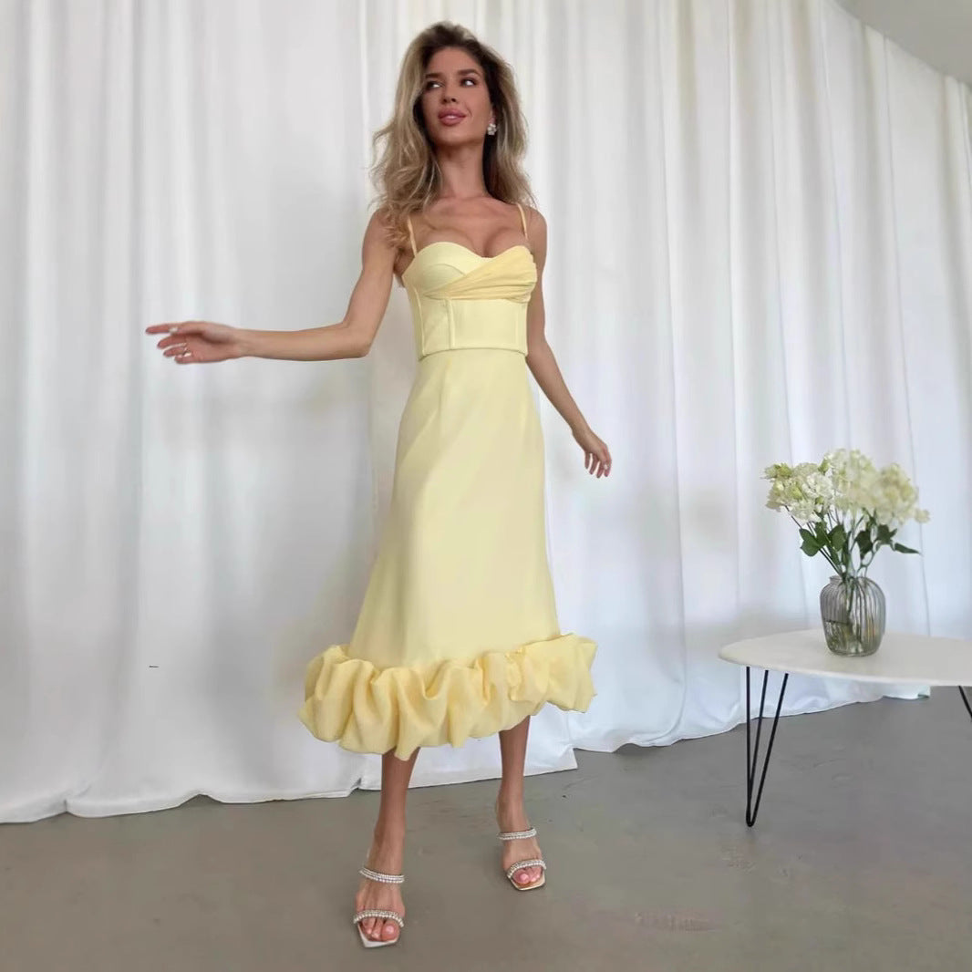 NEW Retro Hepburn Style British Court Tight Waist Yellow Fishtail Skirt
