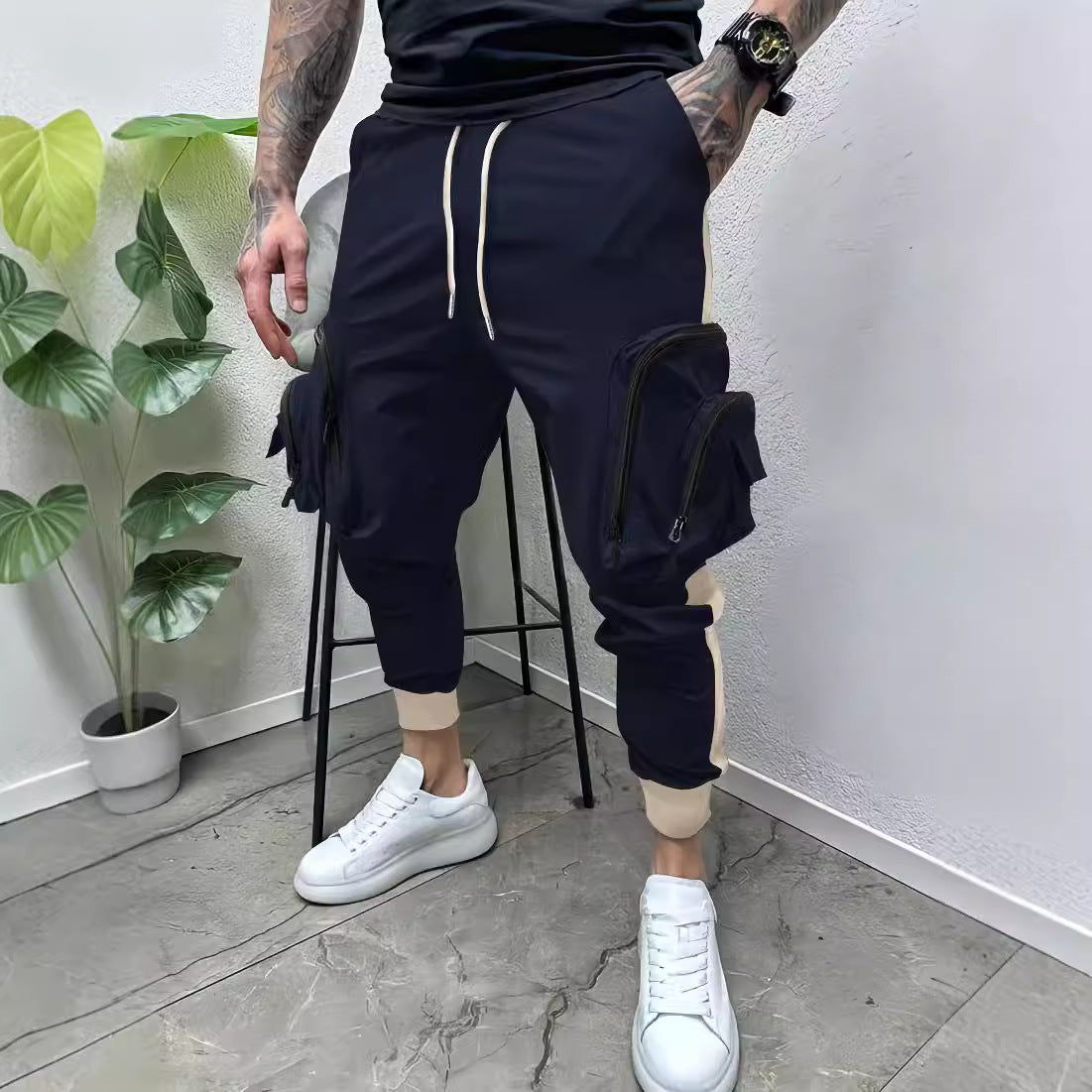 NEW Casual Zipper Multi-pocket Color Matching Tapered Overalls