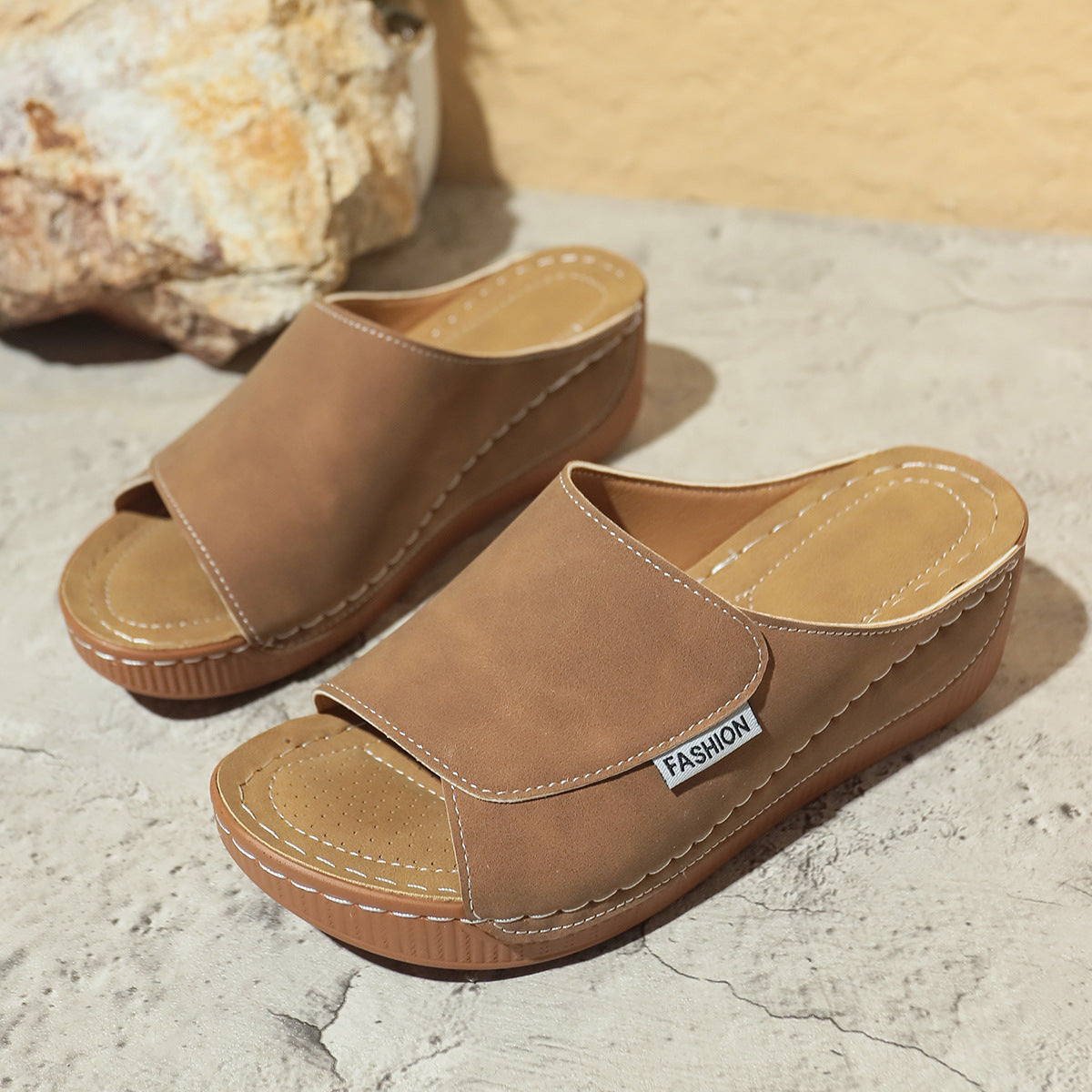 NEW Summer Wedge Slides Slippers Fashion Fish Mouth Thick Bottom Roman Shoes Solid Color Beach Sandals For Women