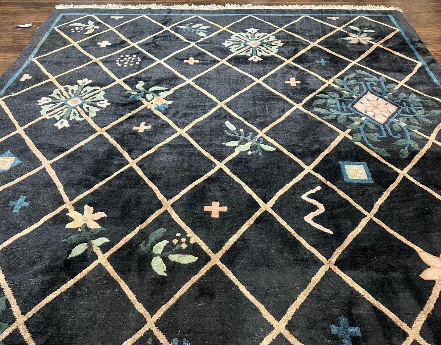 USED Tibetan Rug 9x12, Hand Knotted Tibet Nepali Contemporary Carpet 9 x 12 ft, Black and Tan, Handmade Area Rug Room Sized, Nepalese Rug