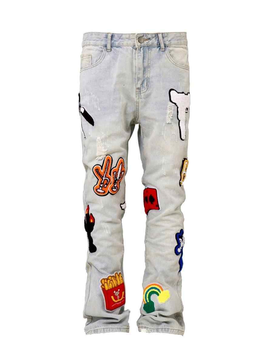 NEW Light Color Irregular Towel Embroidered Slim Straight-leg Denim Trousers