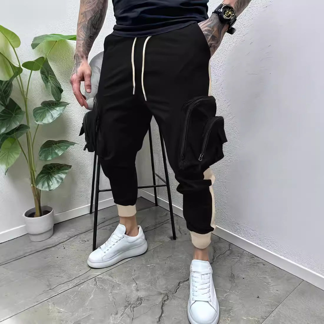 NEW Casual Zipper Multi-pocket Color Matching Tapered Overalls