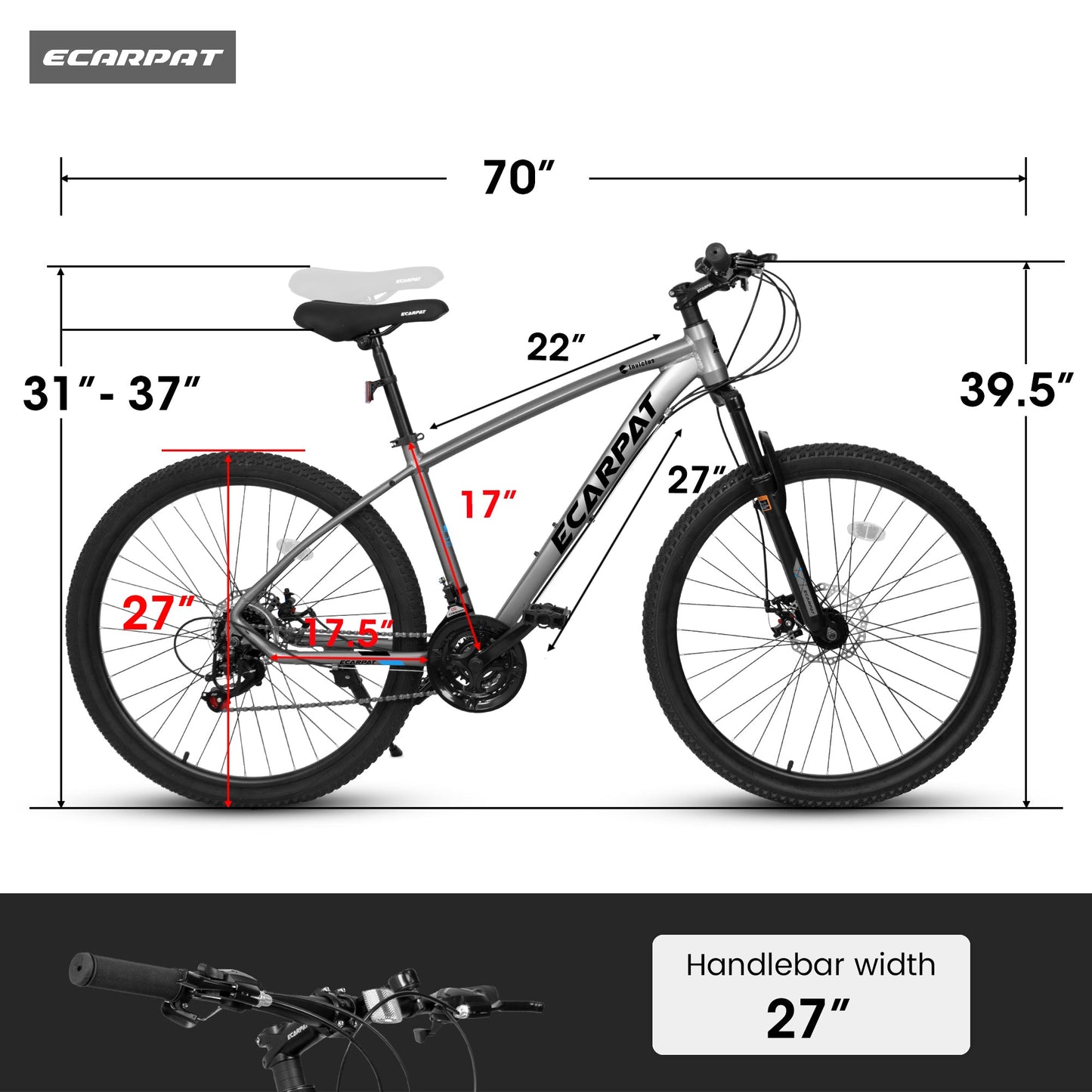 NEW A2757 27" Mountain Bike 21 Speed, Suspension Fork, Aluminum Frame Disc Brake, Mountain biking for both men and women.