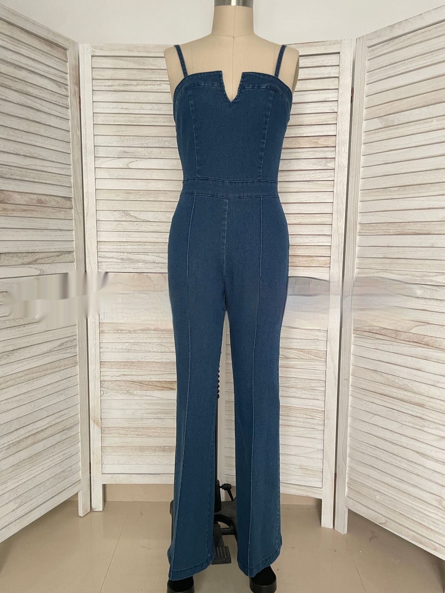 NEW Women Sleeveless Denim Jumpsuit V Neck Wide Leg Flared Jumpsuit High Waist Back Zipper Slim Fit Denim Jumpsuit Jeans Overalls