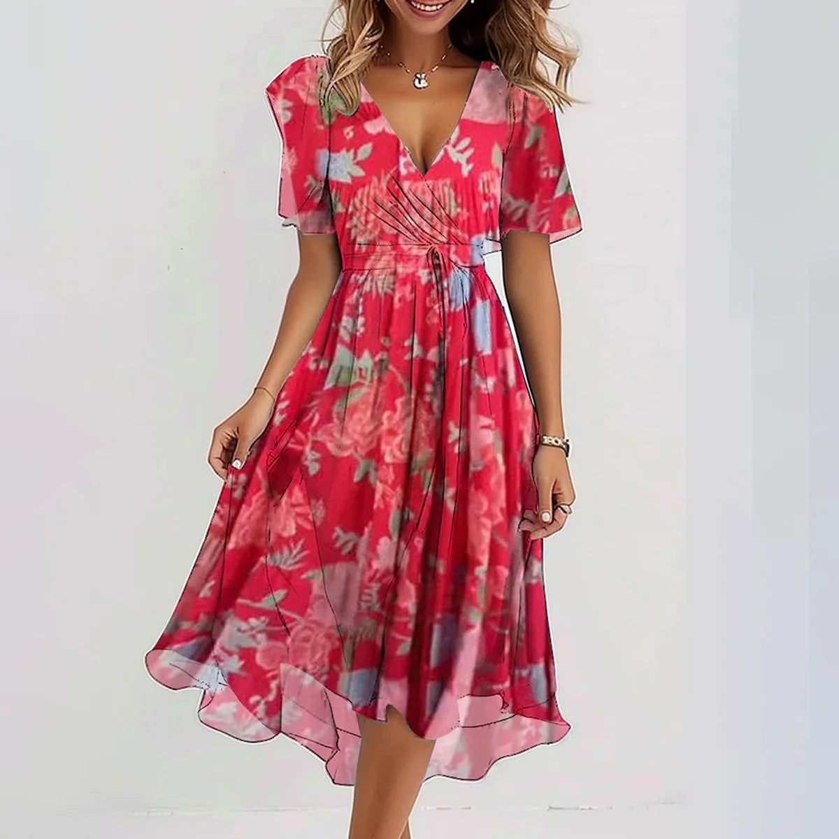 New Chiffon Printed Short Sleeve Dress Summer Elegant V-neck Dresses Womens Clothing