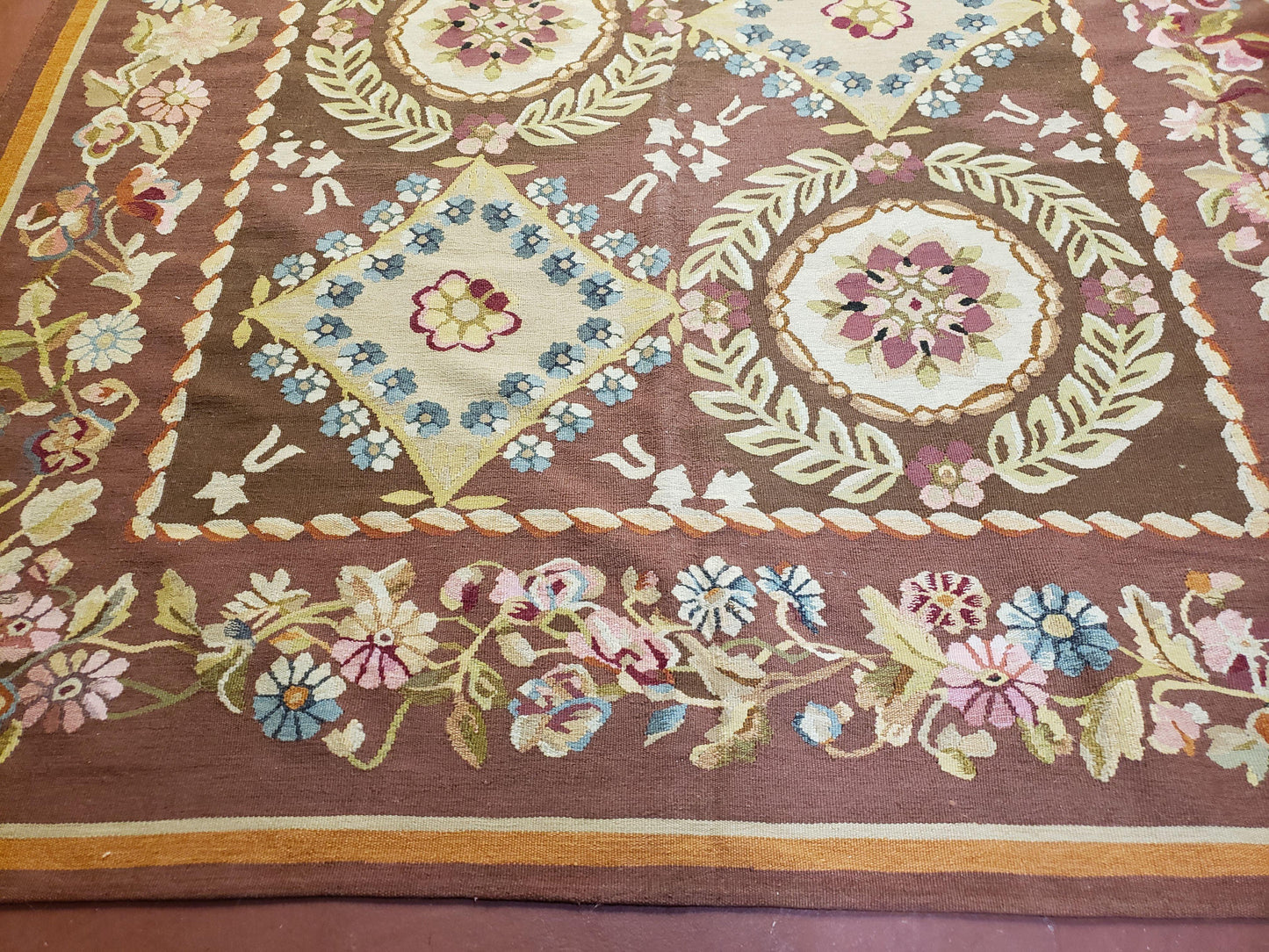 USED Aubusson Rug 6 x 9 Flat Weave Area Carpet European Design Flowers New Brown Rug Handmade Wool Hand-Knotted Aubusson Weave Medium Rug 6x9