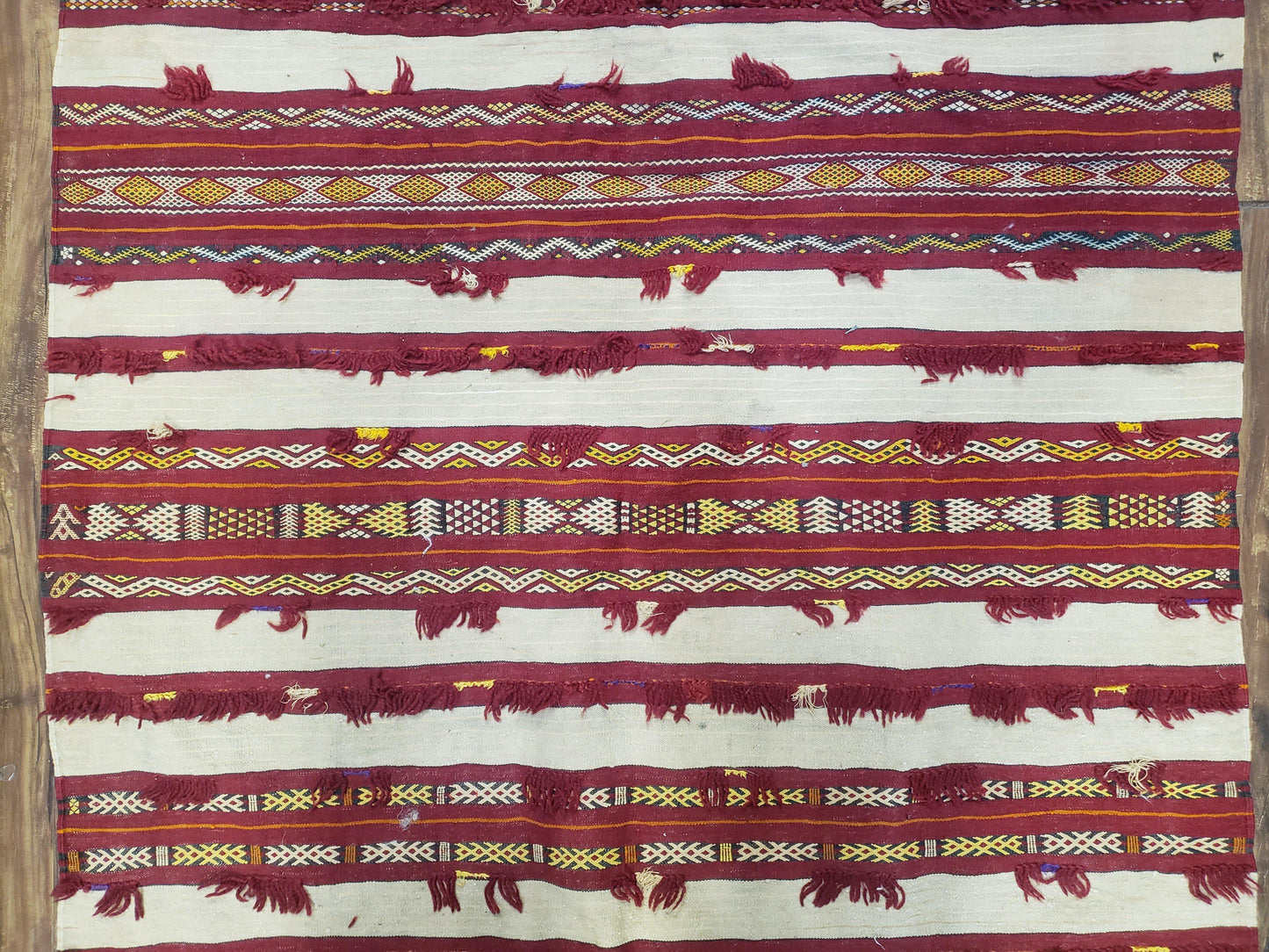 USED Antique Turkoman Yamud Rug 3x5 ft, 1920s Turkmen Sofreh Table Cover, Bohemian Rug, Tribal Collectible, Striped Rug, Handmade Ivory and Red