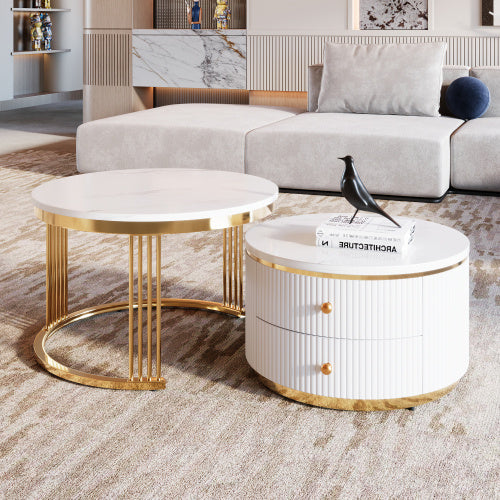 NEW Modern 2-piece White Circular Nested Coffee Table With Drawers, 27.6 Inches