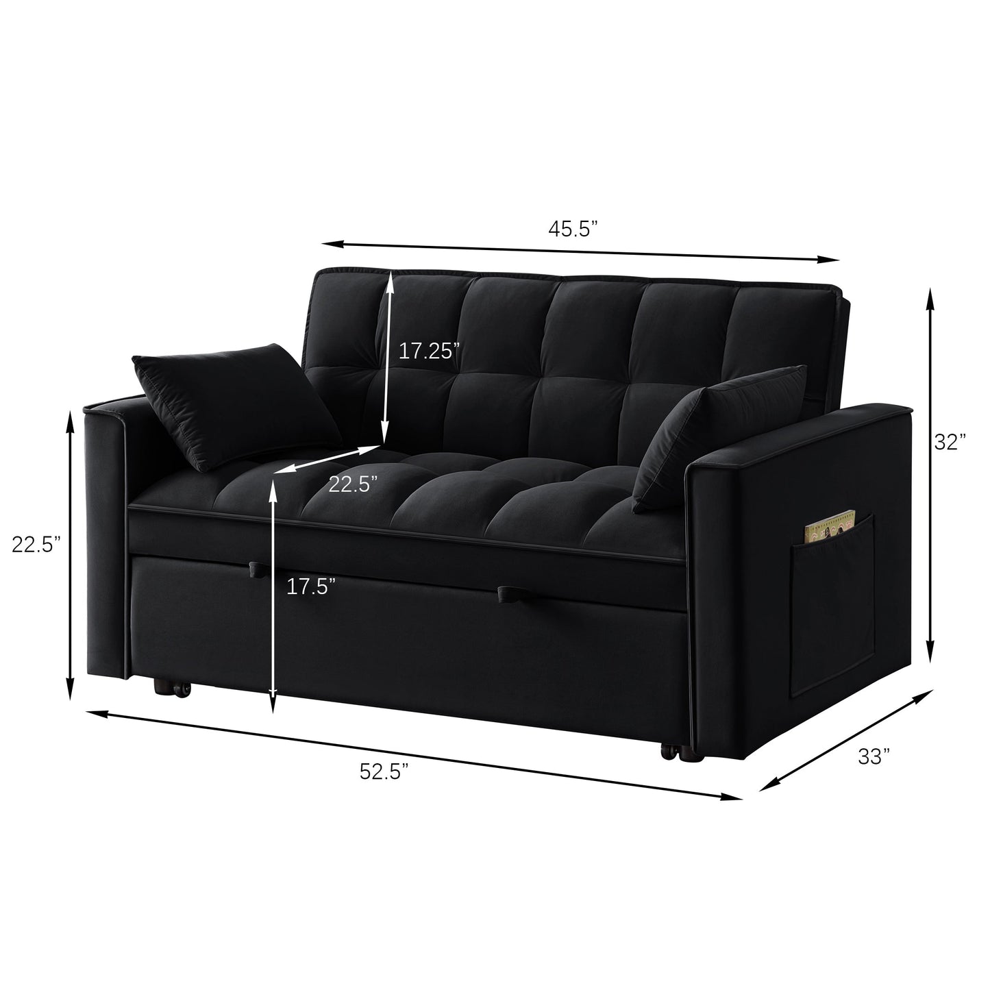 NEW 4 in1 Loveseat Sofa Bed with Armrests & Storage Pockets, Multi-Function Tufted Pull-out Sofa Bed with Adjustable Backrest and Pillows, Convertible Loveseat Sofa Couch,Black