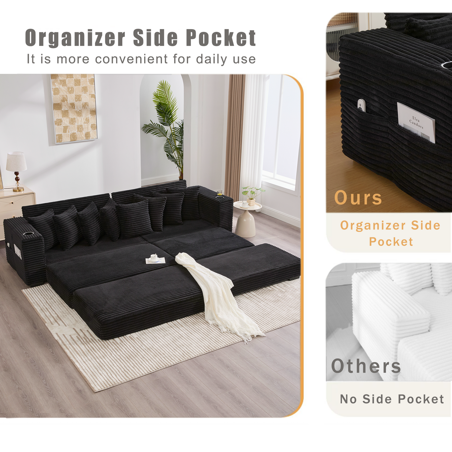 NEW Modular L Shaped Black Corduroy Fabric Sectional Sofa Couch