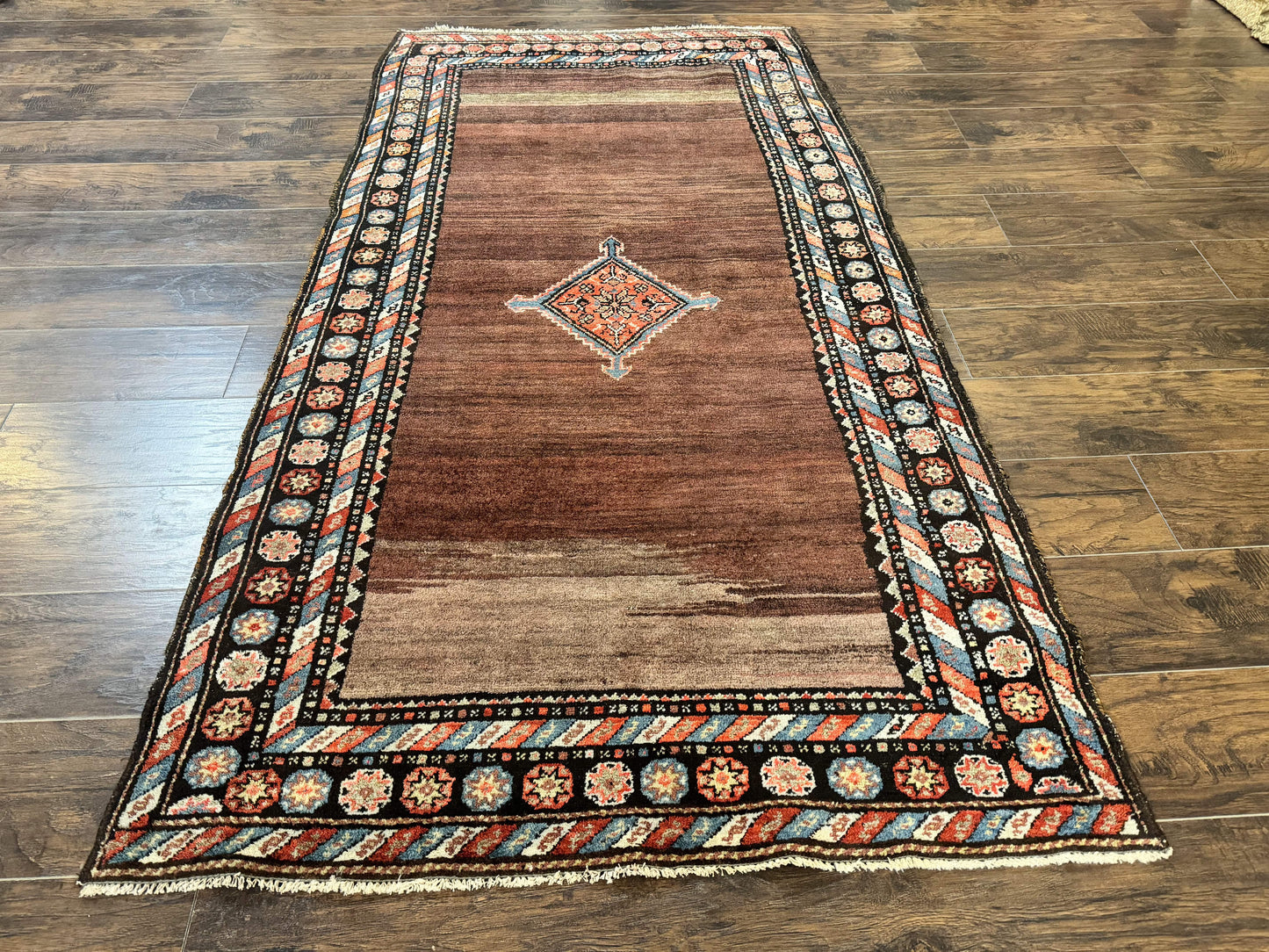 USED Antique Persian Rug 4x7, Sarab Tribal Wool Carpet, Brown and Multicolor, Handmade Wide Runner Rug 4 x 7, Open Field, Rainbow Border