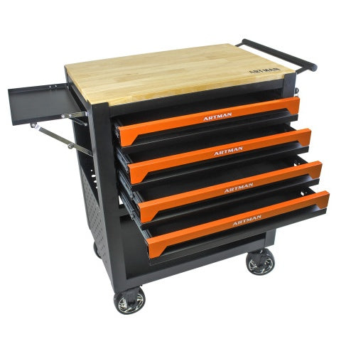 NEW Black Orange 4 Drawer Multi-Functional Tool Cart with Wheels and Wooden Top