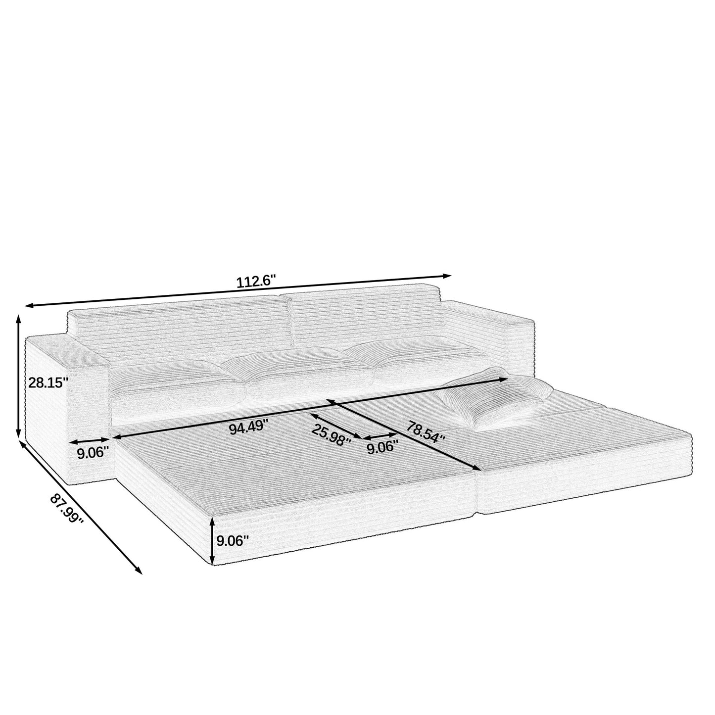 NEW Right sofa seat,L shape Modular Sectional Sofa, Compressed Sectional Sofa Modern Minimalist Style Corduroy Couch,Unfold into a bed, Bedroom, Comfy Compressed Sofa Couch Space-Efficient Design-Brown