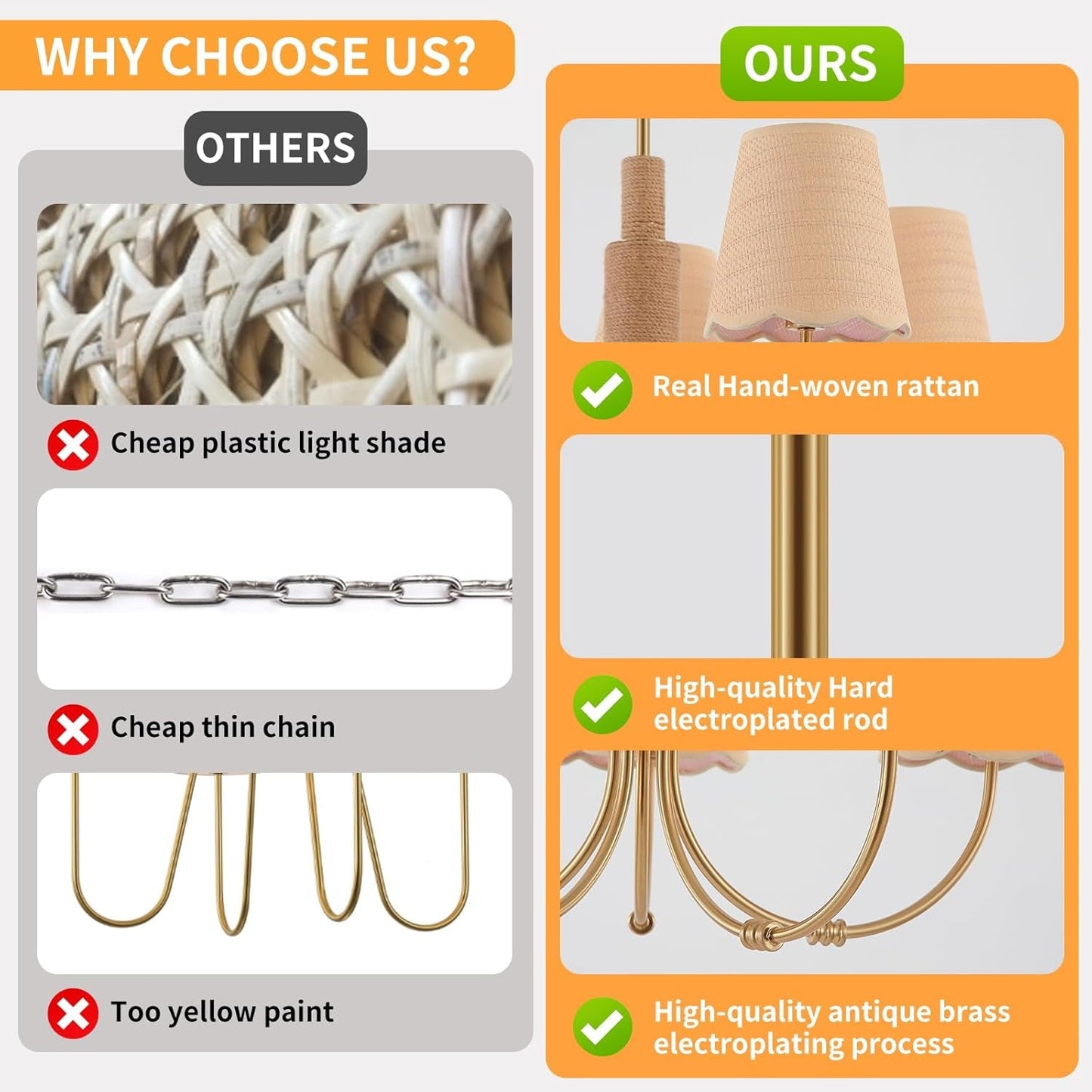 NEW Antique Brass Boho Rattan Chandelier Pendant Dimmable