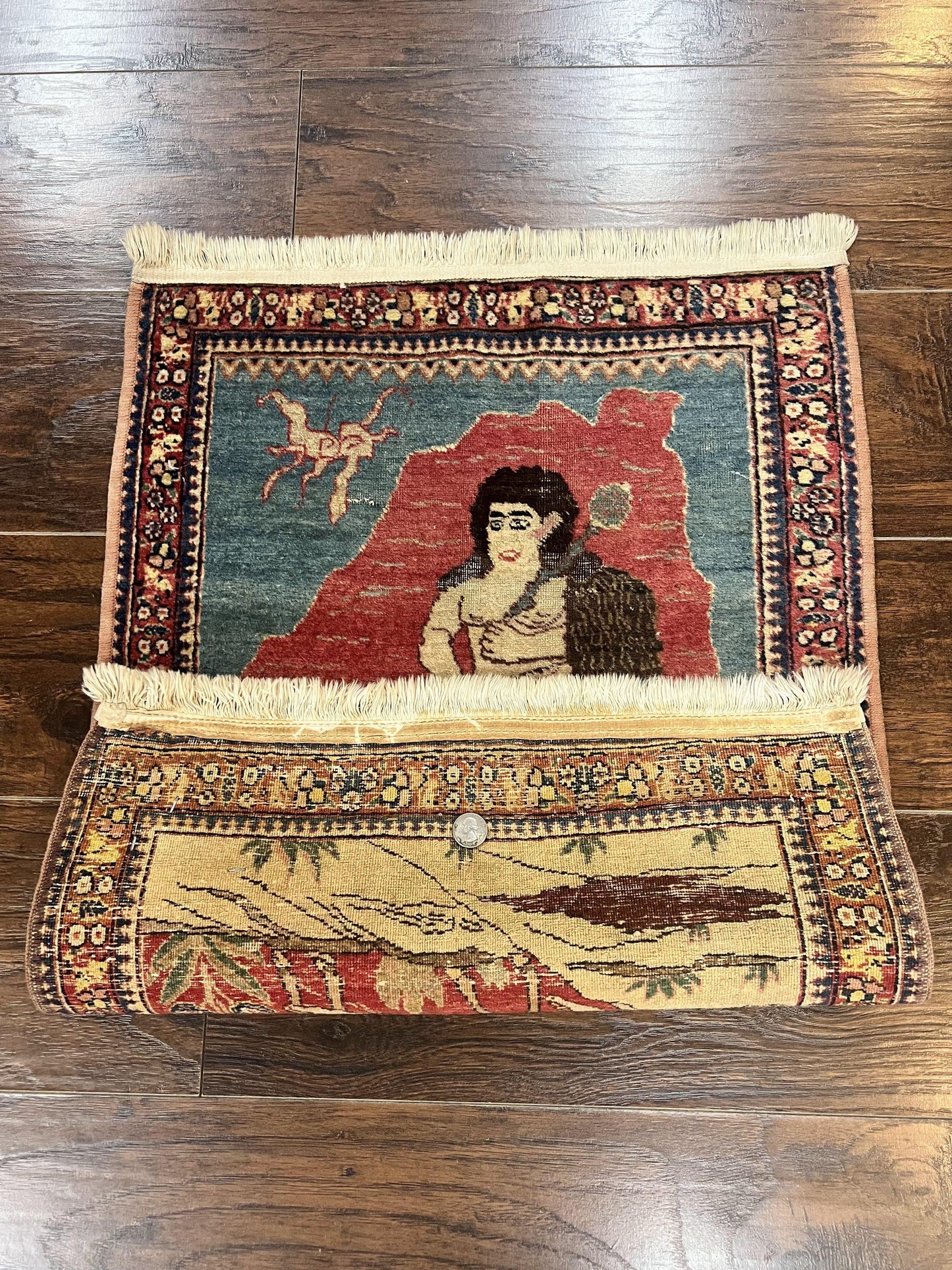 USED Antique Persian Kirman Rug 2 x 2.5, Small Hand Knotted Wool Carpet, Lavar Rug, Shepherd with Ram Pictorial Rug #1