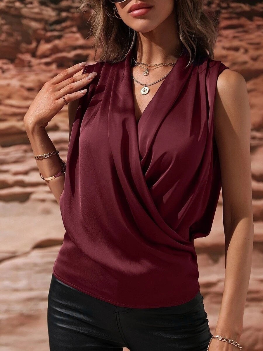 New Women's Spring And Summer Sleeveless Satin Pleated Vest New Shirt
