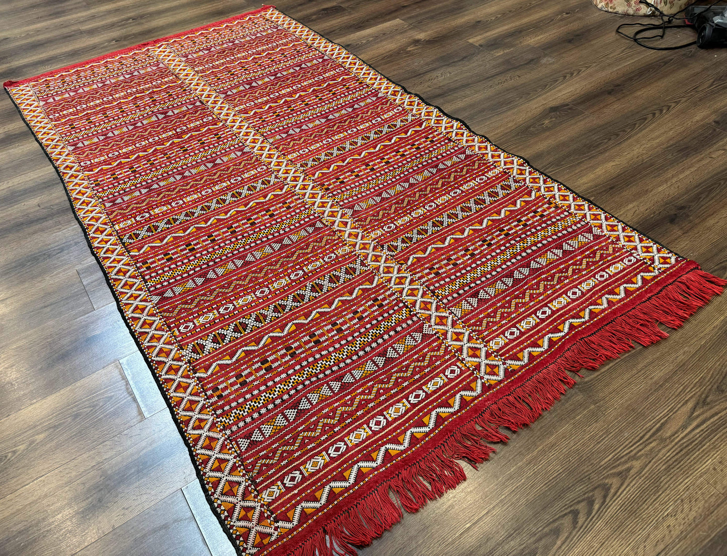 USED Moroccan Kilim Rug 4x8, Flatweave, Bohemian, Red Ivory Orange