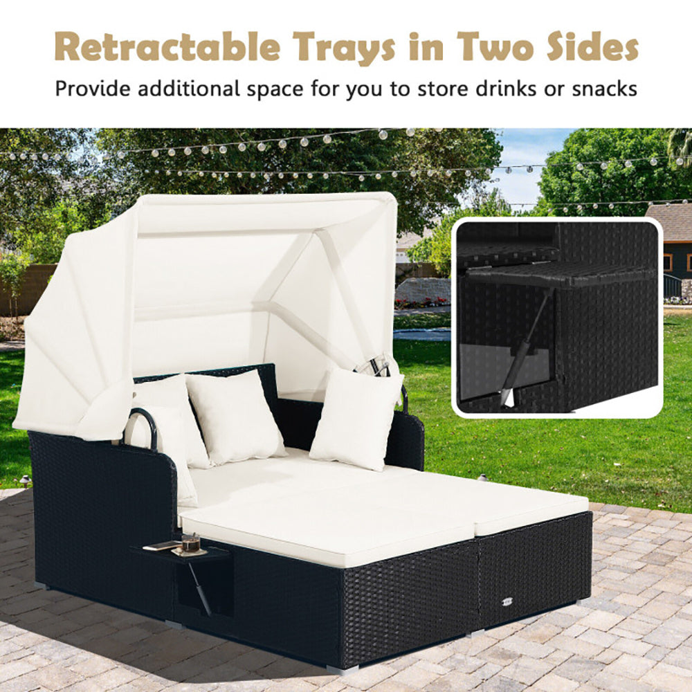 NEW Outdoor Patio Rattan Wicker Daybed With Retractable Canopy And Side Tables