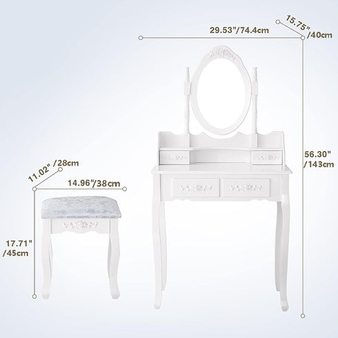 NEW Vanity Table Set With 4 Drawer, Makeup Dressing Table W Cushioned Stool, Girls Women Bedroom Furniture Set Oval Mirror