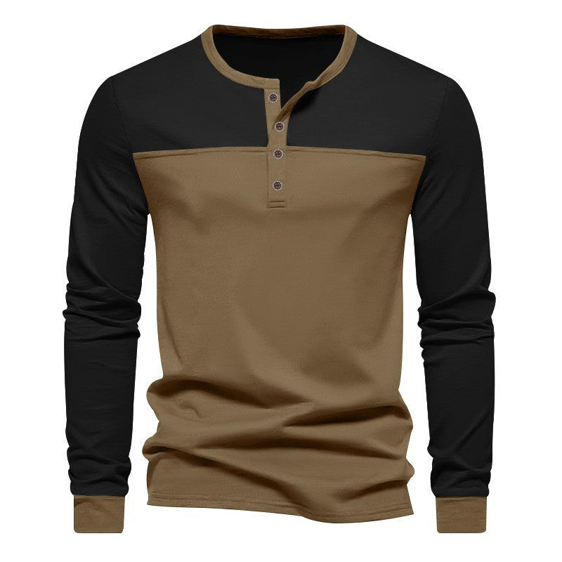 New Retro Trendy Long-sleeve Color Matching Henry Collar Bottoming Shirt Casual T-shirt