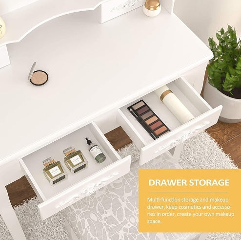 NEW Vanity Table Set With 4 Drawer, Makeup Dressing Table W Cushioned Stool, Girls Women Bedroom Furniture Set Oval Mirror