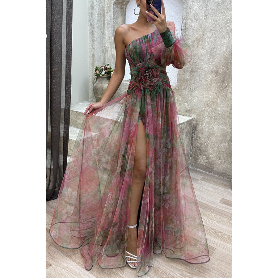 New Mesh Tie-dye Printed Off-shoulder Slit Dress Summer INS Fashion Long Dress Party Womens Clothing