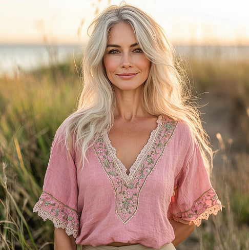 New Women's Bohemian Retro Floral Linen-Blend T-Shirt