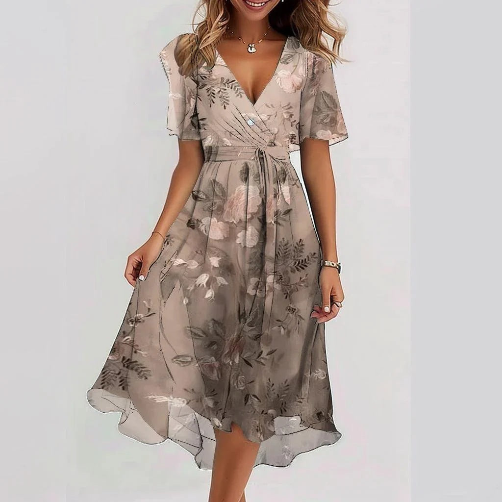 New Chiffon Printed Short Sleeve Dress Summer Elegant V-neck Dresses Womens Clothing