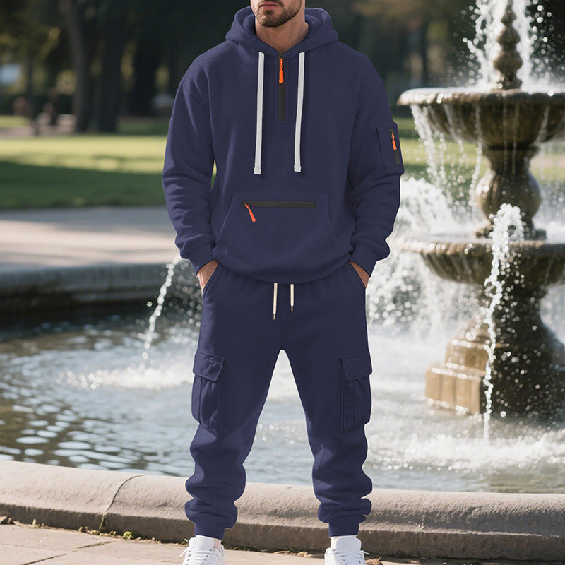 New Men's Loose Sports And Leisure Suit Sweater Fleece-lined Hoodie Set Zipper Multi-Pocket Pullover Men's Sports Casual Top Two-piece Set