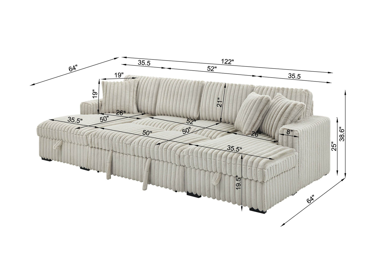 NEW 122 inch Rabbit Khaki Plush Corduroy Fabric Oversized U Shaped Sleeper Sofa 2 in 1 Pull Out Bed Sectional Sleeper Couch with Double Storage Chaise