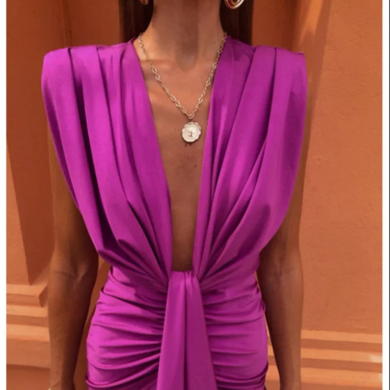 New Solid Color Lace High Waist V-neck Dress
