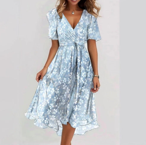 New Chiffon Printed Short Sleeve Dress Summer Elegant V-neck Dresses Womens Clothing